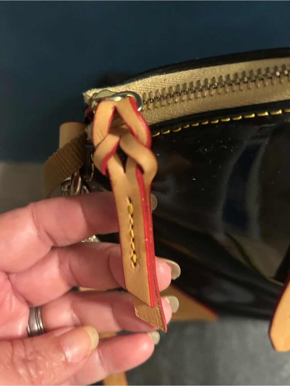 Dooney Bourke Black Patent and Tan Leather Satchel Shoulder Bag